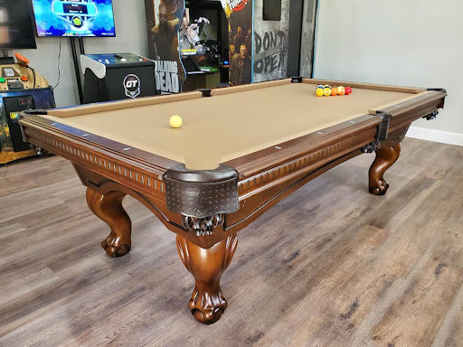 Custom pool table with beige felt.